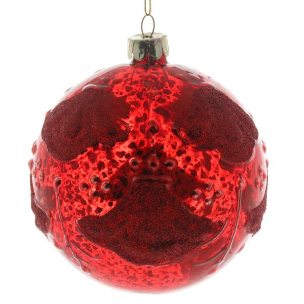 Χριστουγεννιάτικη Γυάλινη Κόκκινη Μπάλα, με Ανάγλυφα Σχέδια (10cm)